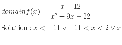 The domain of f(x)=(x+12)/(x^2+9x-22) is x<-11\lor-11<x<2\lor x>2